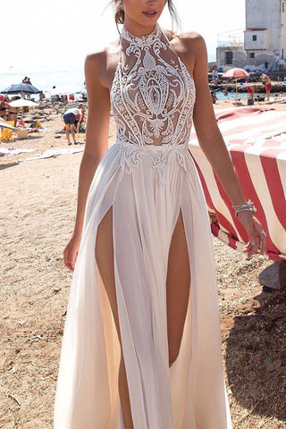 Sexy Open Back Halter Lace See Through Two Slit Long Beach Wedding Prom Dresses Formal Dress