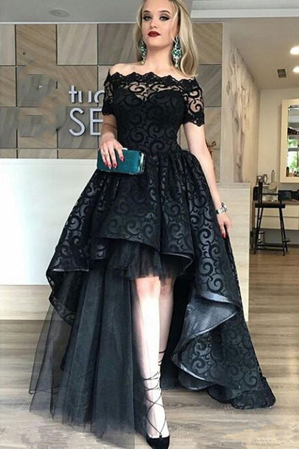 Short Sleeve Front Short Long Back Black Lace HiLo Fancy Prom Dresses