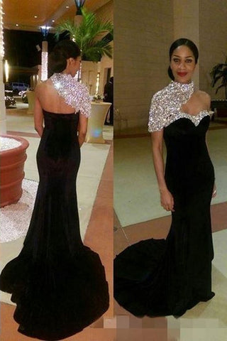 New Design Mermaid High Neck Beaded Black Long Prom Dresses Formal Evening Fancy Dress