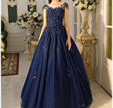 A Line Lace Appliques Navy Blue Cap Sleeves Prom Dresses