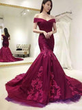Chic Mermaid Burgundy Ruffles Lace Appliques Long Prom Dresses Formal Evening Dress