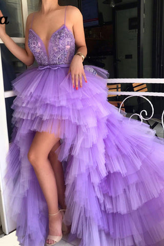 New Light Purple Front Short Long Back Hi-lo Tiered Prom Dresses Formal Evening Dress Gowns