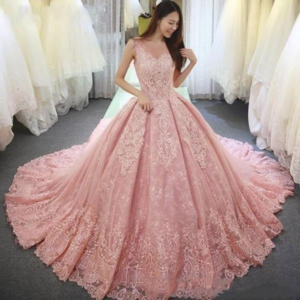 Luxurious Pink Lace Ball Gown Long Prom Dresses Formal Evening