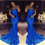 Shiny Royal Blue Sequin Mermaid Strapless Long Prom Dress Formal Evening Dresses