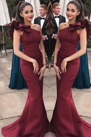 New Arrival One Shoulder Burgundy Mermaid Long Formal Prom Dress Evening Party Dresses