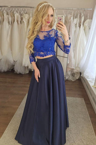 2 Pieces Long Sleeves Lace Prom Dresses Formal Evening Gown Dress