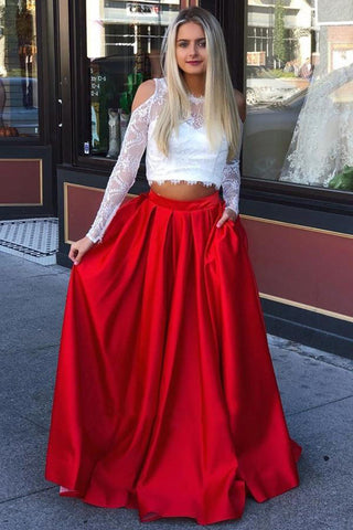 Two Piece Long Sleeves White Lace Red Satin Prom Dresses Formal Evening Party Gown Dress