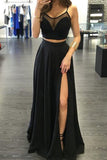 Front Slit Black Chiffon Two Piece Party Dress Evening Gowns Prom Dresses