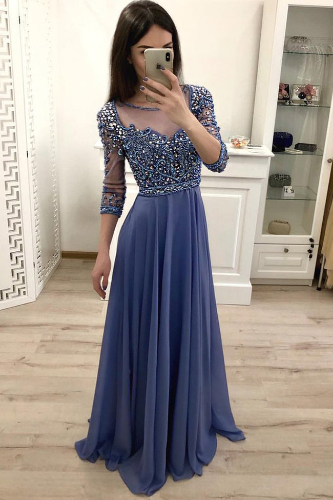 Long Sleeves Dark Blue Crystal Prom Dress Formal Evening Grad Dresses –  Laurafashionshop