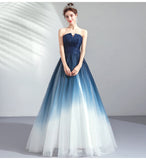 New Navy Blue Ombre Tulle Strapless Long Prom Dress Formal Evening Grad Gown Dresses