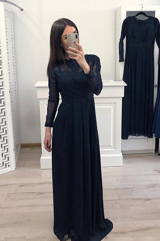 Navy Blue Long Sleeves Lace Appliques High Neck Prom Dresses Formal Evening Grad Dress