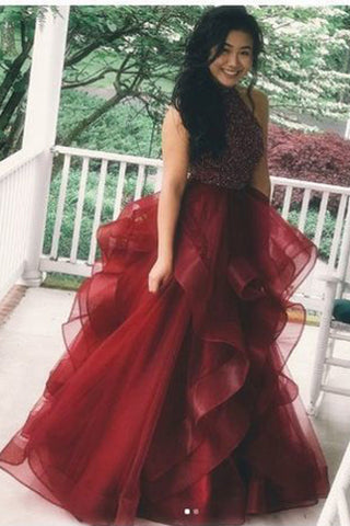 Open Back High Low Burgundy Tulle Beaded Prom Dresses Formal Evening Dress Party Gowns