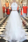 Two Piece High Low White Beaded Prom Dresses Formal Fancy Evening Dress Party Gowns