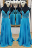 Spaghetti Straps V Neck Blue Chiffon Beaded Backless Long Prom Dresses Formal Evening Dress