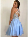 Fashion High Neck Lace Appliques Backless Homecoming Dresses Short Prom Dress