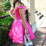 Simple Off the Shoulder Green Satin Cheap Homecoming Dresses Short Prom Dress Cocktail Dress