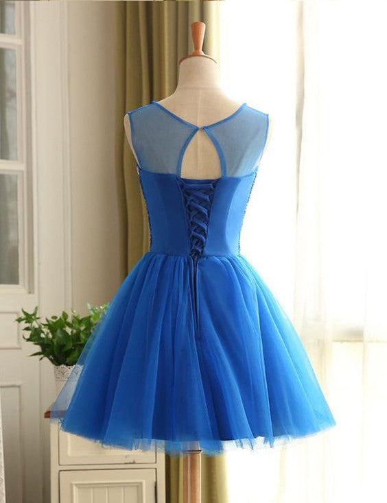 High Neck Blue Tulle Beads Short Homecoming Dress Party Gowns Prom Dresses
