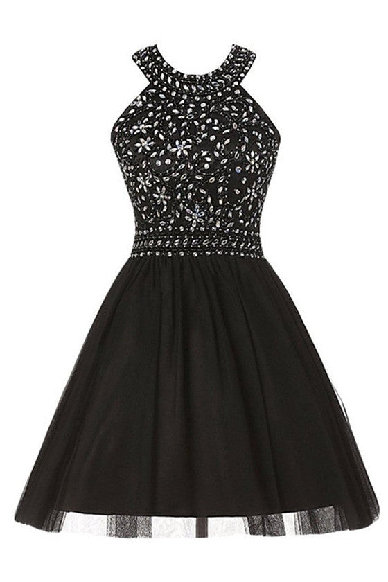 Beaded High Quality Open Back Black Tulle Short Homecoming Dresses Graduation Dress