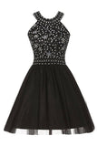 Beaded High Quality Open Back Black Tulle Short Homecoming Dresses Graduation Dress