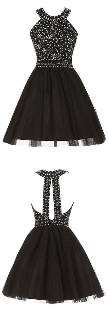 Beaded High Quality Open Back Black Tulle Short Homecoming Dresses Graduation Dress