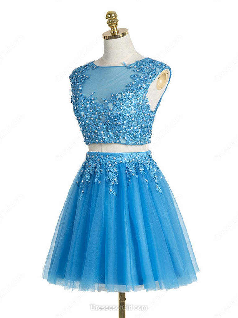 Blue Lace 2 Pieces Cap Sleeves Short Prom Dress Homecoming Dresses