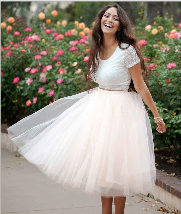 Tea Length Short Sleeves 2 Piece Prom Dress Homecoming Dresses for Party