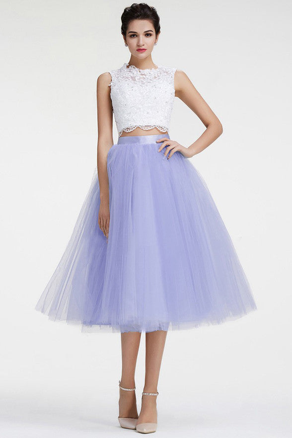 2 Pieces Tea Length PNew White Lace Lavender rom Dress Homecoming Dresses Cocktail Gowns