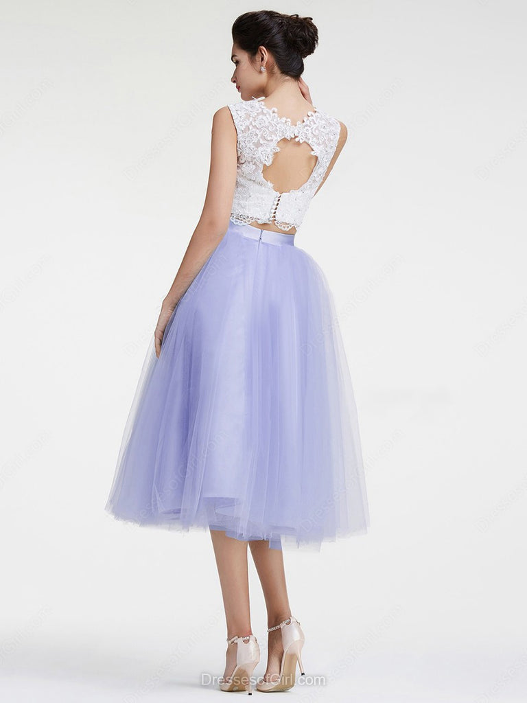 2 Pieces Tea Length PNew White Lace Lavender rom Dress Homecoming Dresses Cocktail Gowns