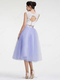 2 Pieces Tea Length PNew White Lace Lavender rom Dress Homecoming Dresses Cocktail Gowns