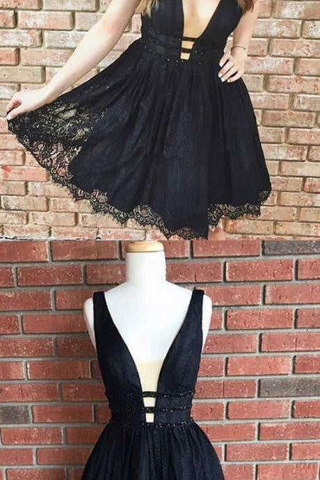 Deep V Neck Black Lace Homecoming Dresses Short Party Prom Dresses
