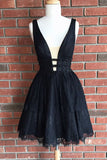 Deep V Neck Black Lace Homecoming Dresses Short Party Prom Dresses