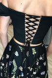 Two Piece Black Lace Off the Shoulder Homecoming Dresses Short Prom Dress