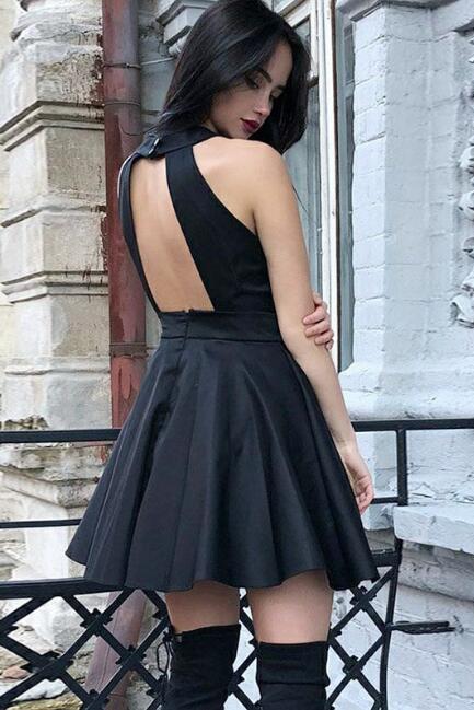 Black Lace Open Back Halter Mini Homecoming Dresses Short Prom Dress