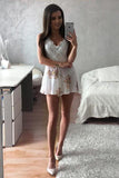 Spaghetti Straps Lace V Neck White Mini Length Homecoming Dresses Short Prom Dress