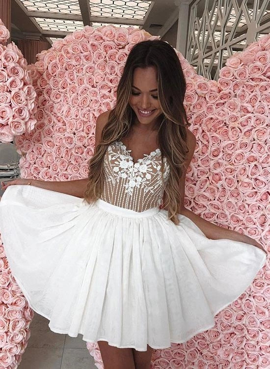 Fashion Spaghetti Straps Lace White 2019 Short Homecoming Dresses Prom Dress