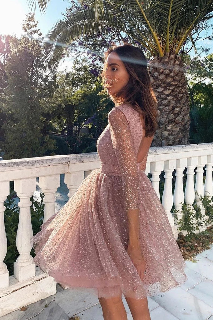 Shiny Long Sleeves Open Back Pink Homecoming Dresses Short Prom Dress Hoco Dress