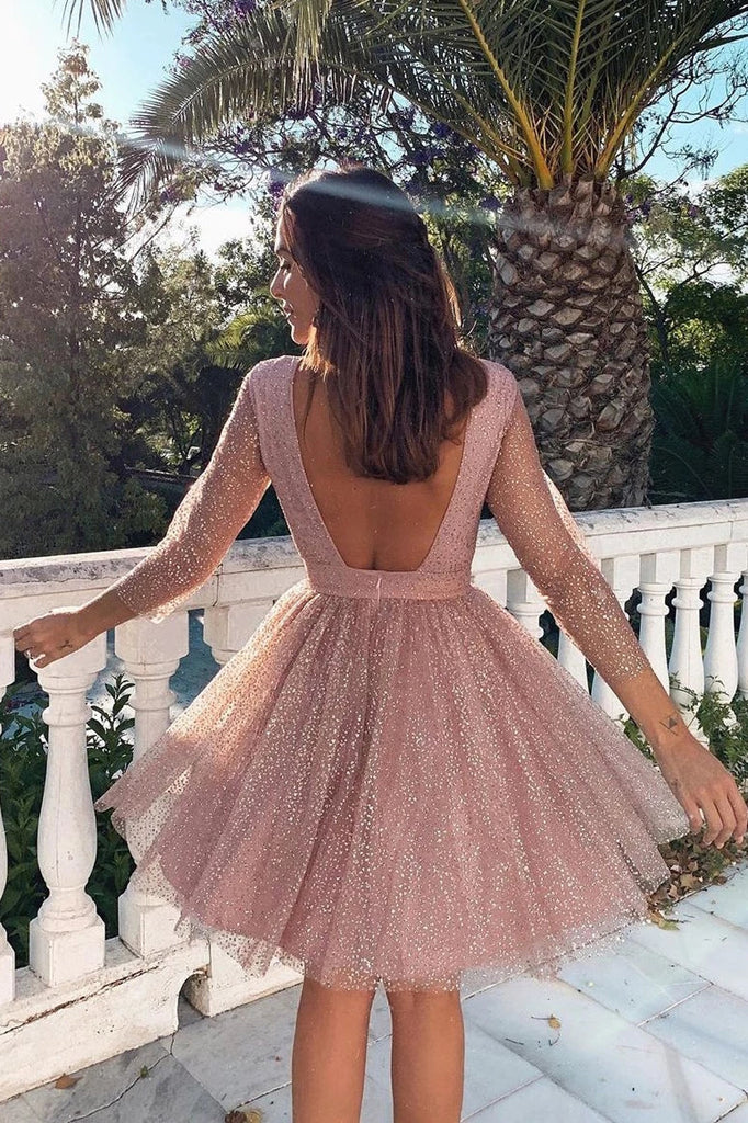 Shiny Long Sleeves Open Back Pink Homecoming Dresses Short Prom Dress Hoco Dress