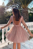 Shiny Long Sleeves Open Back Pink Homecoming Dresses Short Prom Dress Hoco Dress