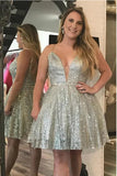 Shiny Sequin Deep V Neck Mini Length Homecoming Dresses Short Prom Dress
