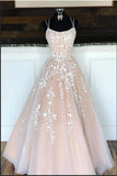 Puffy A Line Spaghetti Straps Lace Long Prom Dresses Formal Evening Dress