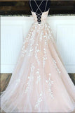 Puffy A Line Spaghetti Straps Lace Long Prom Dresses Formal Evening Dress