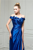Chic Royal Blue Off the Shoulder Sheath Hand Flowers Long Prom Dresses Formal Evening Dress