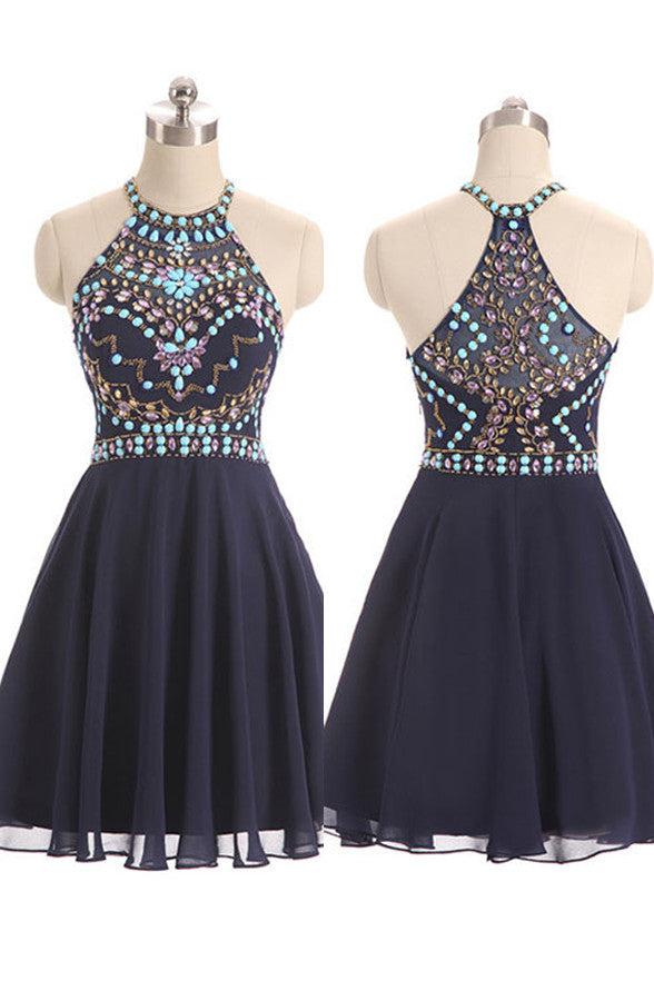 Rhinestone Fashion Navy Blue Chiffon Short Prom Dress Homecoming Dresses Party Gowns