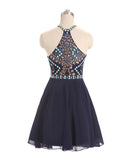Rhinestone Fashion Navy Blue Chiffon Short Prom Dress Homecoming Dresses Party Gowns