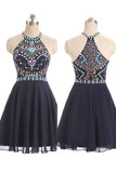 Rhinestone Fashion Navy Blue Chiffon Short Prom Dress Homecoming Dresses Party Gowns