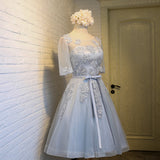Light Blue Half Sleeves Lace Short Homecoming DressesGraduation Dress Prom Gowns