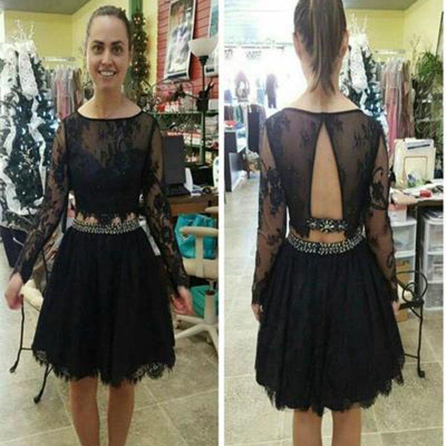 Black Lace 2 Pieces Long Sleeves Short Homecoming Dress Party Gowns Prom Dresses