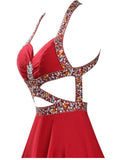 Sexy Halter Beaded Red Open Back Homecoming Dresses Party Gowns Prom Dress