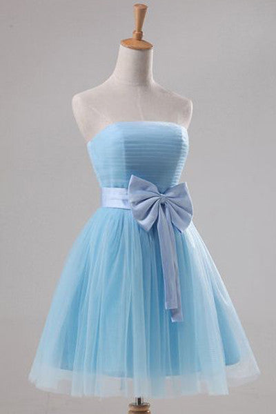 Light Blue Tulle Simple Strapless Homecoming Dresses Short Prom Dress Party Gowns
