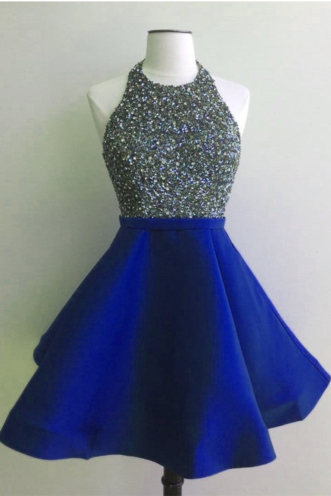 Open Back Short High Neck Royal Blue Homecoming Dresses Prom Dress Party Gowns